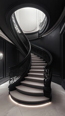 Obraz premium stunning spiral staircase with intricate black railings, leading to elegant upper level. luxurious design features sleek marble floor and dramatic lighting, creating sophisticated