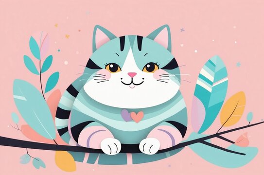 Minimalist fantasy whimsical domestic cute cartoon cat animal with pastel color background 
illustration texture design.