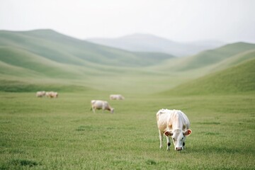 Fototapeta premium Lush green hills create serene landscape, with cows grazing peac