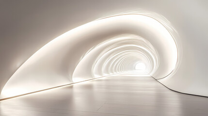 Naklejka premium Futuristic curved corridor with modern lighting and minimalist decor capturing sleek architectural design and infinite perspective in soft neutral tones. Luminous Infinite Corridor. Illustration