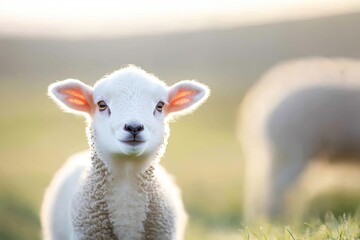Fototapeta premium Playful lamb stands in sunlit meadow, surrounded by soft green g