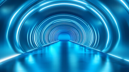 Naklejka premium Futuristic neon blue tunnel with glowing rings and reflective floor. Luminous Infinite Corridor. Illustration