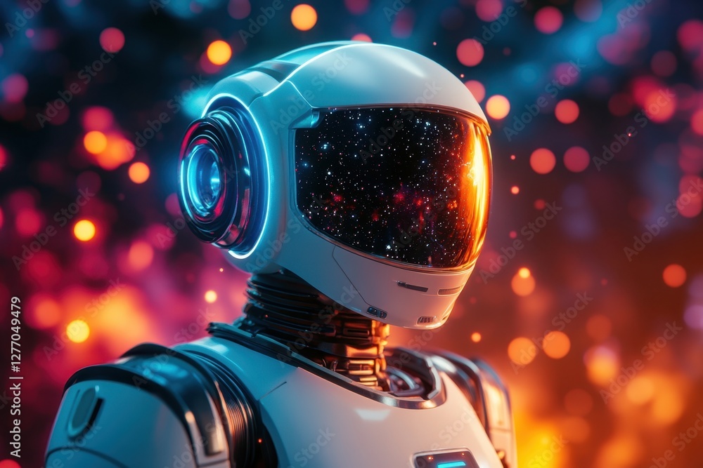 Poster futuristic robot with cosmic helmet and vibrant background in a sci-fi setting