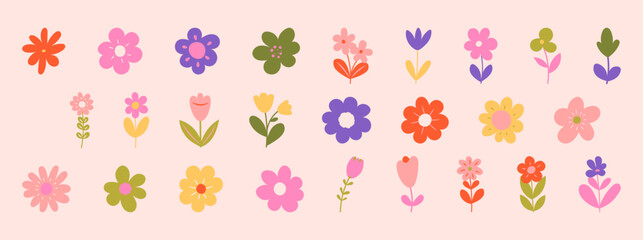 Retro Collection of abstract organic floral elements, Trendy vintage 70s style. Y2k aesthetic.	