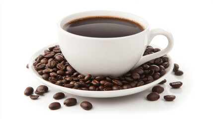 Fototapeta premium A steaming white coffee cup rests on a saucer, encircled by a heap of coffee beans