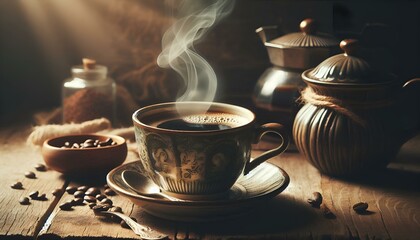 Fototapeta premium Inviting coffee cup with steam on a rustic wooden table surrounded by coffee beans and pots