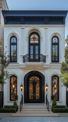 Fototapeta premium Luxurious Persian style townhome with elegant architecture, featuring intricate details, large windows, and grand entrance. exterior showcases blend of sophistication and charm
