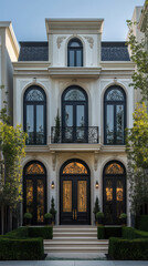 Luxurious Persian style townhome with elegant architecture, featuring intricate details, large windows, and lush greenery. stunning example of modern design and sophistication