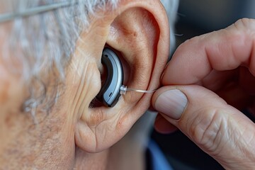 Fototapeta premium Doctor Precisely Inserts a Hearing Aid into Man's Ear