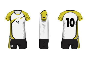 Volleyball jersey mockup white, yellow and black colors with front, side and back view.