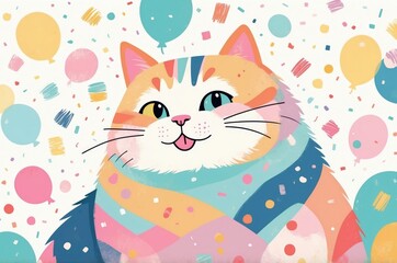 Minimalist fantasy whimsical domestic cute cartoon cat animal with pastel color background 
illustration texture design.