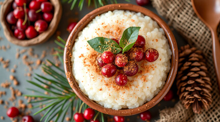 creamy rice pudding with cranberries and cinnamon