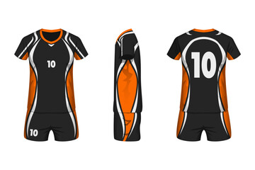 Volleyball jersey mockup black, white and orange colors with front, side and back view.