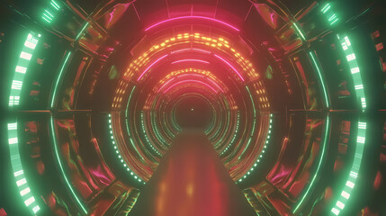 Obraz premium Futuristic neon tunnel with symmetrical green glow and vibrant light patterns. Luminous Infinite Corridor. Illustration