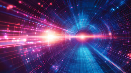 Obraz premium Futuristic tunnel scene with neon grids and bright light source. Luminous Infinite Corridor. Illustration