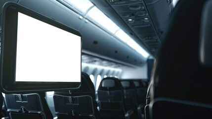 editable white screen mockup in front of airplane passengers for in-flight tech interface or travel media content