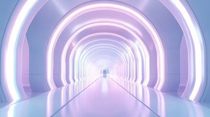 Fototapeta premium Futuristic white hallway with repeating archways and neon lights leading to an unknown space. Luminous Infinite Corridor. Illustration