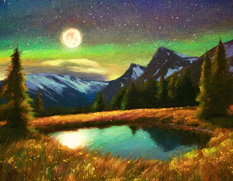 Mountain hike with full moon and auroa borealis