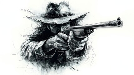 Sketch of a sharpshooter in a hat aiming a rifle with intense focus and determination. Western motif.