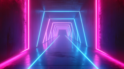 Fototapeta premium Glowing neon frames create futuristic pathway. Luminous Infinite Corridor. Illustration
