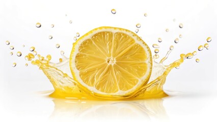 Refreshing Lemon Splash Citrus Juice with Vibrant Yellow Slices and Water Droplets on White Background