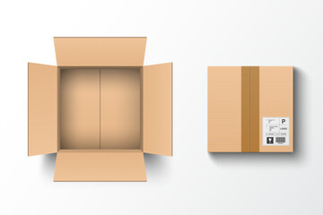 Empty open and closed cardboard box. Isolated on white background, vector illustration