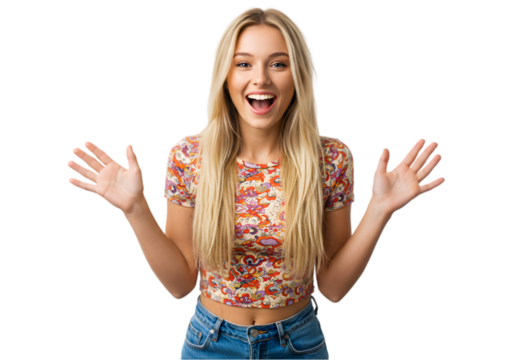 Surprised woman png, she expresses WOW, cant believe. Impressed lady trying to get attention. Concept of sales, profitable offer. Excited romantic girl on transparent background