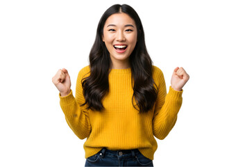 A young Asian woman wearing a yellow shirt and jeans stands against a transparent background, smiling widely with arms outstretched, expressing joy, happiness, and a warm welcoming gesture