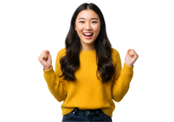 A young Asian woman wearing a yellow shirt and jeans stands against a transparent background, smiling widely with arms outstretched, expressing joy, happiness, and a warm welcoming gesture