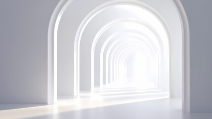 Fototapeta premium White arched hallway leading to bright light. Luminous Infinite Corridor. Illustration
