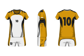 Volleyball jersey mockup white, gold and black colors with front, side and back view.