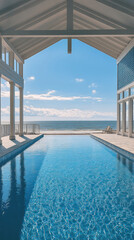 Fototapeta premium Luxurious pool with ocean view under bright blue sky, featuring modern architecture and serene surroundings. perfect getaway for relaxation and leisure