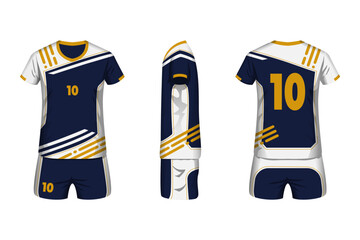 Volleyball jersey mockup white, blue and gold colors with front, side and back view.