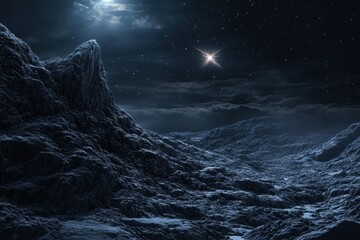 Night sky illuminates rugged terrain with distant star shining brightly