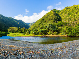 Honomanu Stream and Tropical Forested Mountains, Honomanu Beach Park, Maui, Hawaii, USA