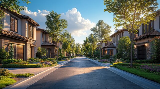 Sunlit residential street with upscale homes, lush landscaping, and vibrant flowers.