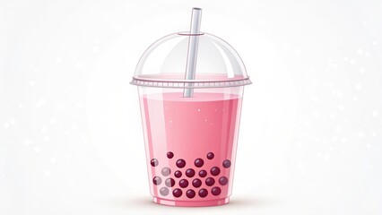 Vibrant Pink Boba Drink with Tapioca Pearls in Clear Cup on White Background