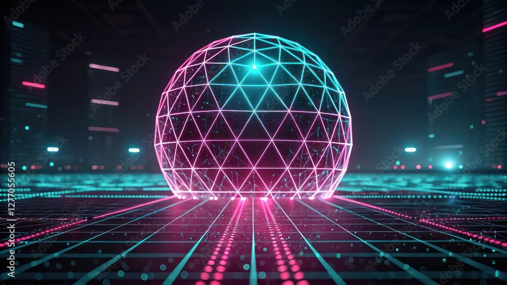 Poster futuristic digital network sphere with glowing lines and geometric patterns in neon magenta and teal