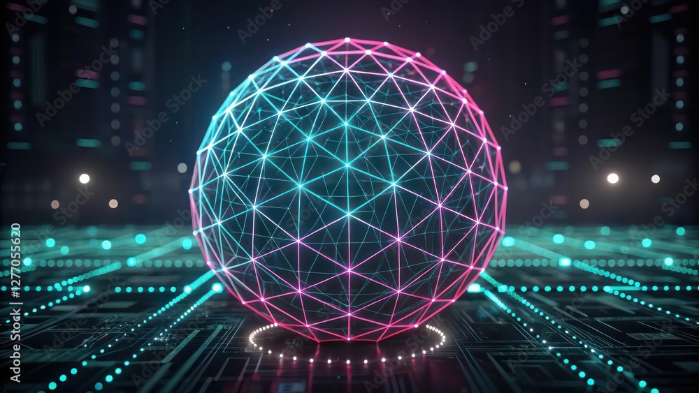 Poster futuristic digital network sphere with glowing lines and geometric patterns in neon magenta and teal