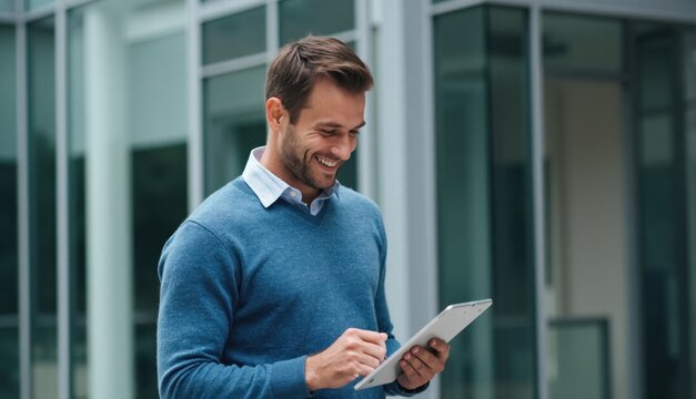 A cheerful young man in a blue sweater interacts with a tablet outside a modern glass building, enjoying his work and technology.