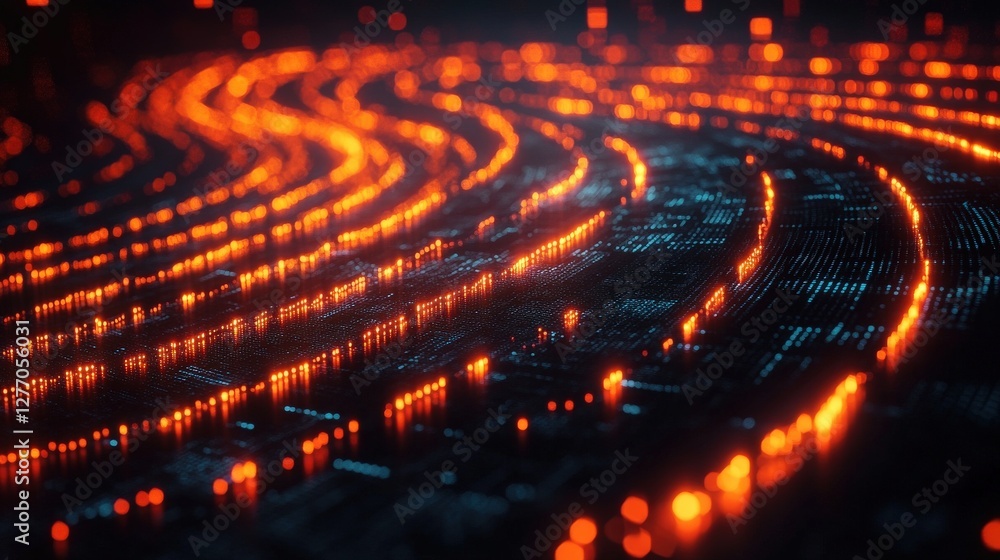 Poster abstract representation of glowing data streams flowing through a digital landscape at night