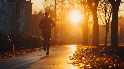 Fototapeta premium Silhouette of a woman running on a path during a vibrant sunset. Fitness and wellness in nature scene.
