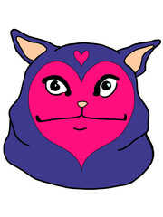 Ilustración de gato serio con rostro de corazon, gato violeta, png, imagen sin fondo y completa 