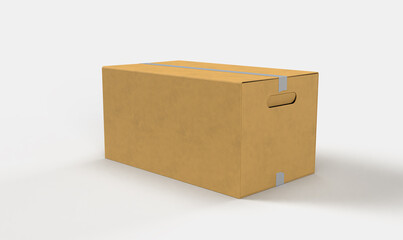 closed paper box with ribbon on white backdrop, left side view