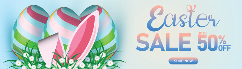 Easter sale banner with bunny ears, green leaves, and pastel blue background, 50% off discount, festive spring holiday shopping promotion