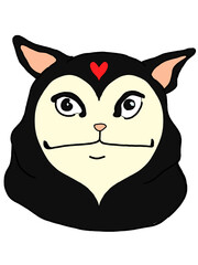 Ilustración de gato serio con rostro de corazon, gato blanco y negro, png, imagen sin fondo y completa 