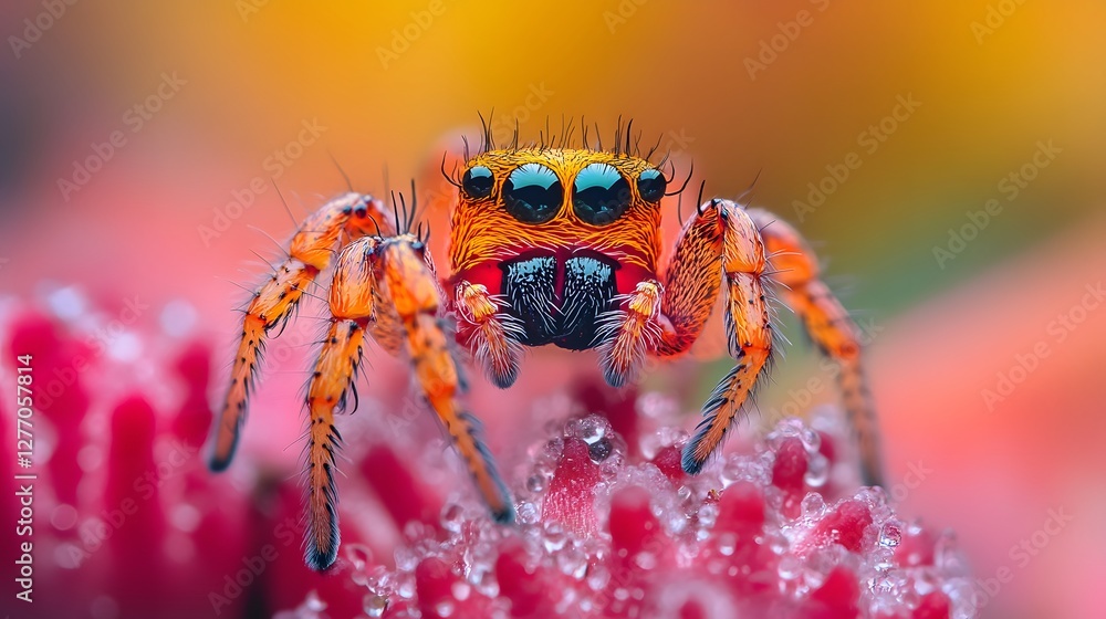 Poster jumping spider portrait on a flower with dew. a colourful macro shot of a friendly arachnid.