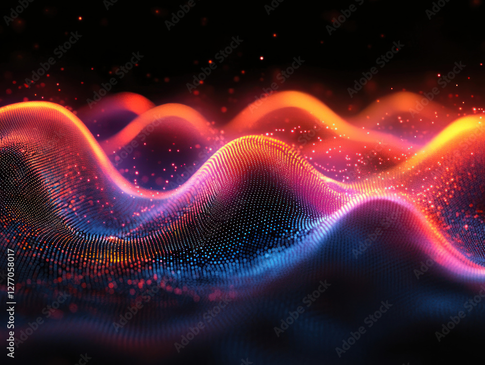 Aufkleber an abstract digital visualization that resembles waves of many glowing dots.
