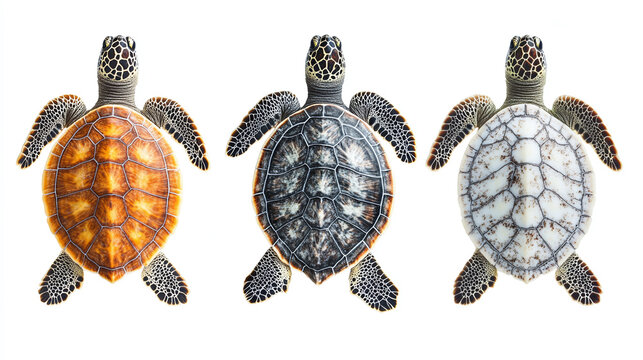 Back view of three sea turtles with different shell patterns isolated on a white background, animal collection.