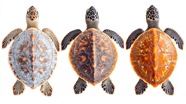 Back view of three sea turtles with different shell patterns isolated on a white background, animal collection.